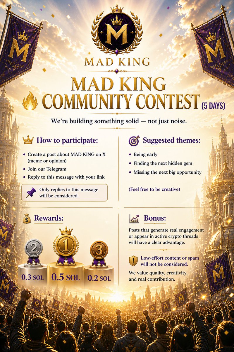 MadKing_SOL's tweet image. 🔥 MAD KING CONTEST (5 DAYS)
Create a post about MAD KING on X
(meme or opinion)
Drop your link in Telegram 👇
t.me/MadKingCommuni…⁠�
Best posts win. No spam.
🥇 0.5 SOL
🥈 0.3 SOL
🥉 0.2 SOL
Are you in… or just watching? 👇
#MADKING #SOL #Crypto