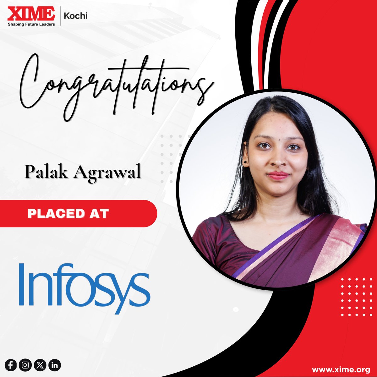 XIMEKochi's tweet photo. We are delighted to announce that Palak Agrawal from Batch 12 has secured a placement with Infosys
@Infosys
Heartiest congratulations to Palak Agrawal on this achievement!  Thanks to our corporate partners for empowering tomorrow’s leaders.
#ximekochi https://t.co/HN0tAI1EQR