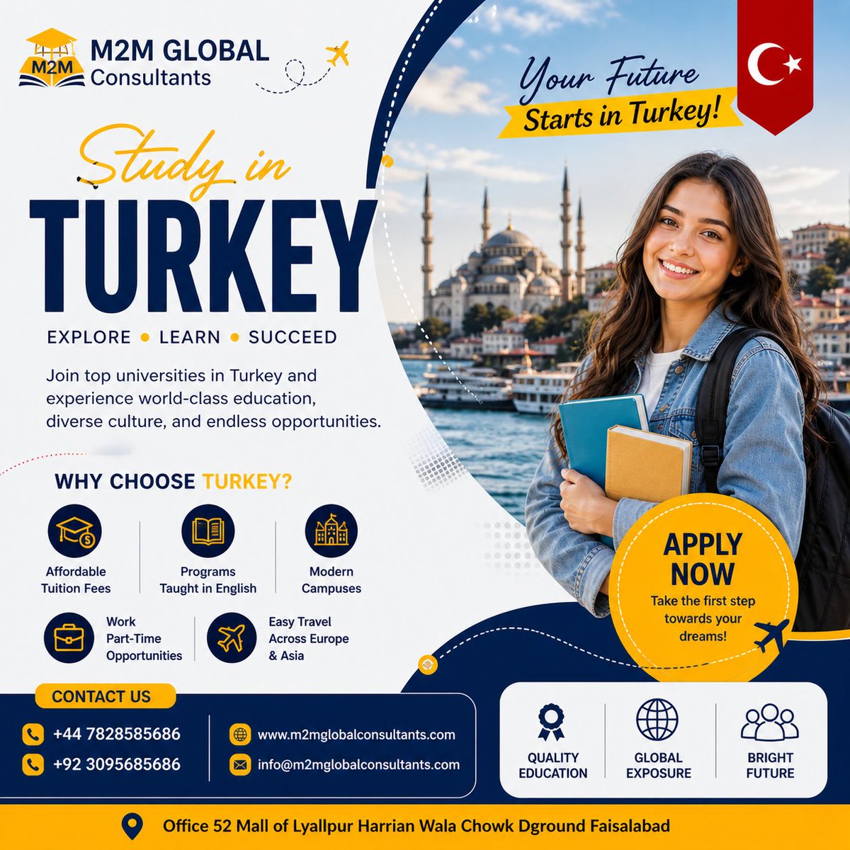 M2MGConsultants's tweet photo. Study in Turkey – the bridge between Europe & Asia! 🇹🇷🎓 📍 Office 52, Mall of Lyallpur, Faisalabad 📞 +92 309 5685686 #StudyInTurkey #M2MGlobal #Faisalabad #StudyAbroad #VisaSuccess2026 https://t.co/LcCjYQnGkH