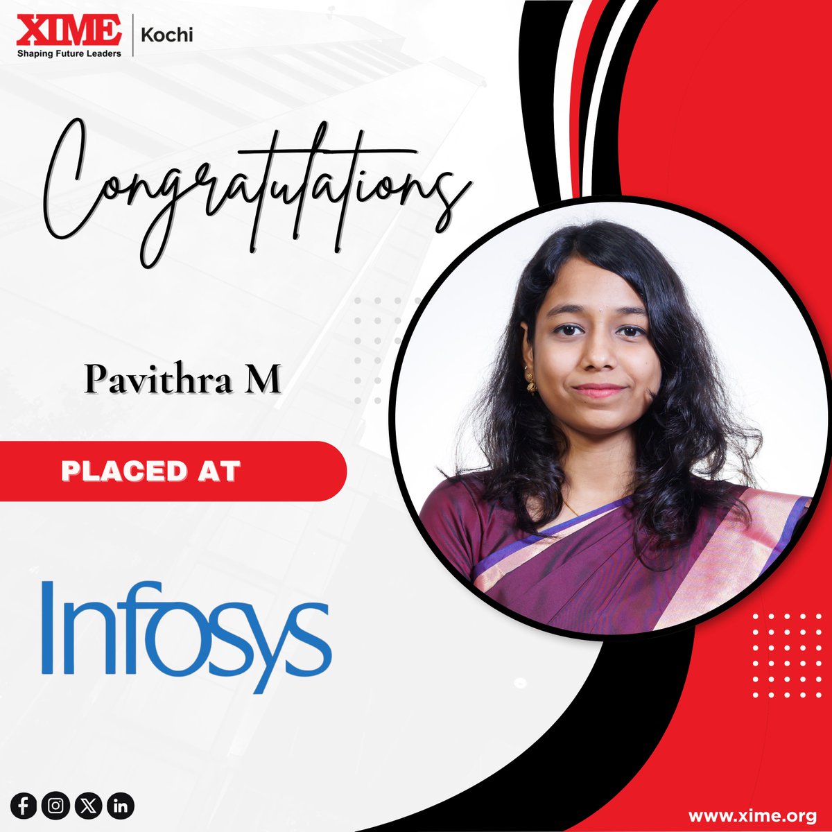 XIMEKochi's tweet photo. We are delighted to announce that Pavithra M from Batch 12 has secured a placement with Infosys
@Infosys
Heartiest congratulations to Pavithra M on this achievement!  Thanks to our corporate partners for empowering tomorrow’s leaders.
#ximekochi https://t.co/I1EAF40qXG