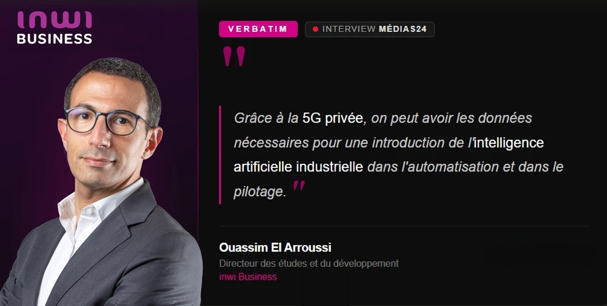 inwi's tweet photo. 5G privée & IA industrielle : le duo qui transforme l’industrie marocaine.

Leur convergence ouvre la voie à des gains majeurs en performance, productivité et compétitivité pour les entreprises.
Ouassim EL ARROUSSI, Directeur des Études et du Développement chez #inwi, partage sa vision et décrypte les enjeux dans une interview accordée à Médias24.

🔗 Lire l’article complet : https://t.co/F89xc0TPxk

#inwiBusiness #5GPrivée #Industrie40 #TransformationDigitale #IA #Innovation
