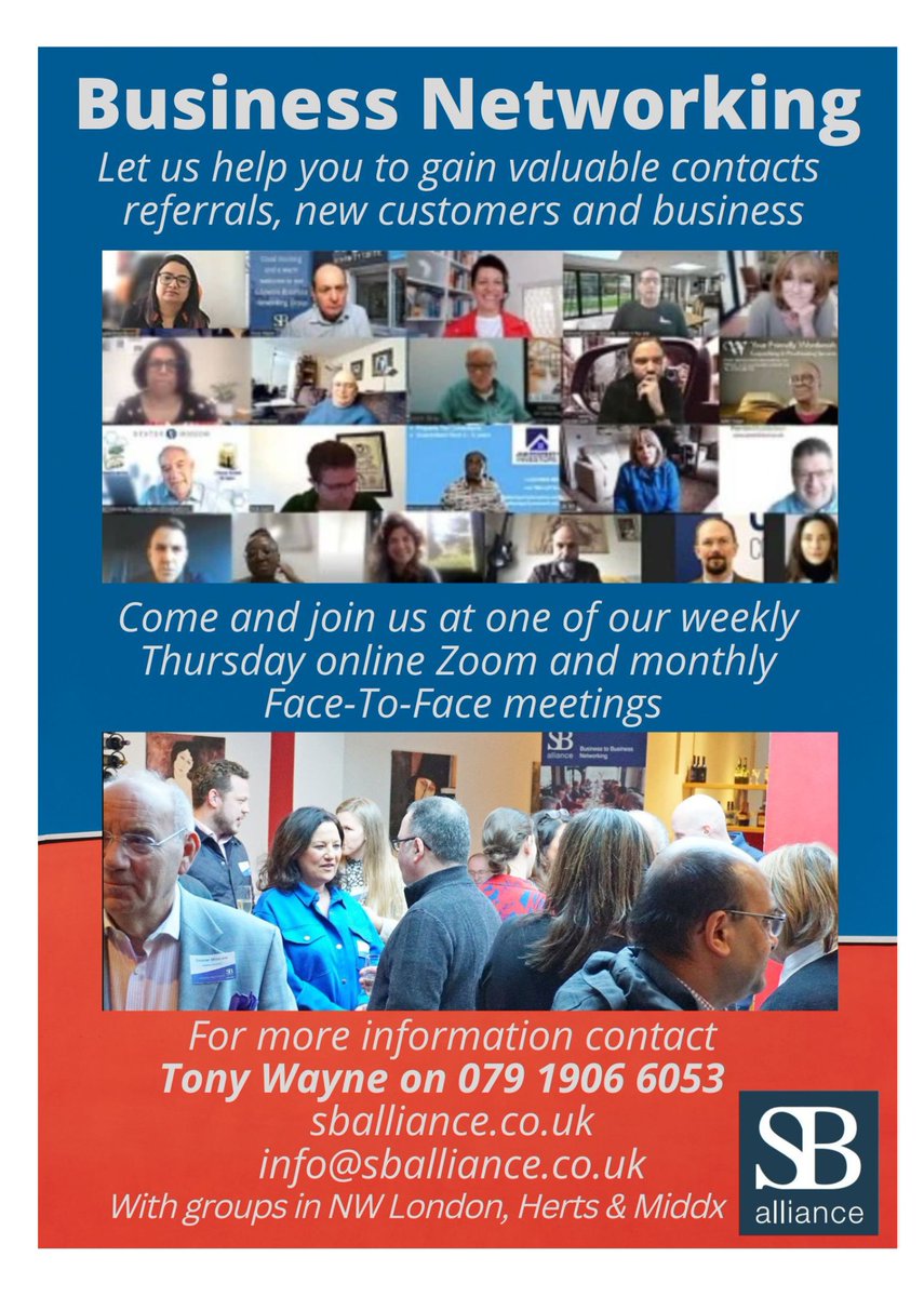 SB_Alliance_UK's tweet image. Come and experience our weekly #Thursday #zoom &amp;amp; #Face2Face #meetings at our #breakfast &amp;amp; #lunch #groups in #Bushey #Edgware #Estree &amp;amp; #Pinner. So if you run a #smallbusiness and want to gain new #contacts #cients and business? Then check out our website sballiance.co.uk