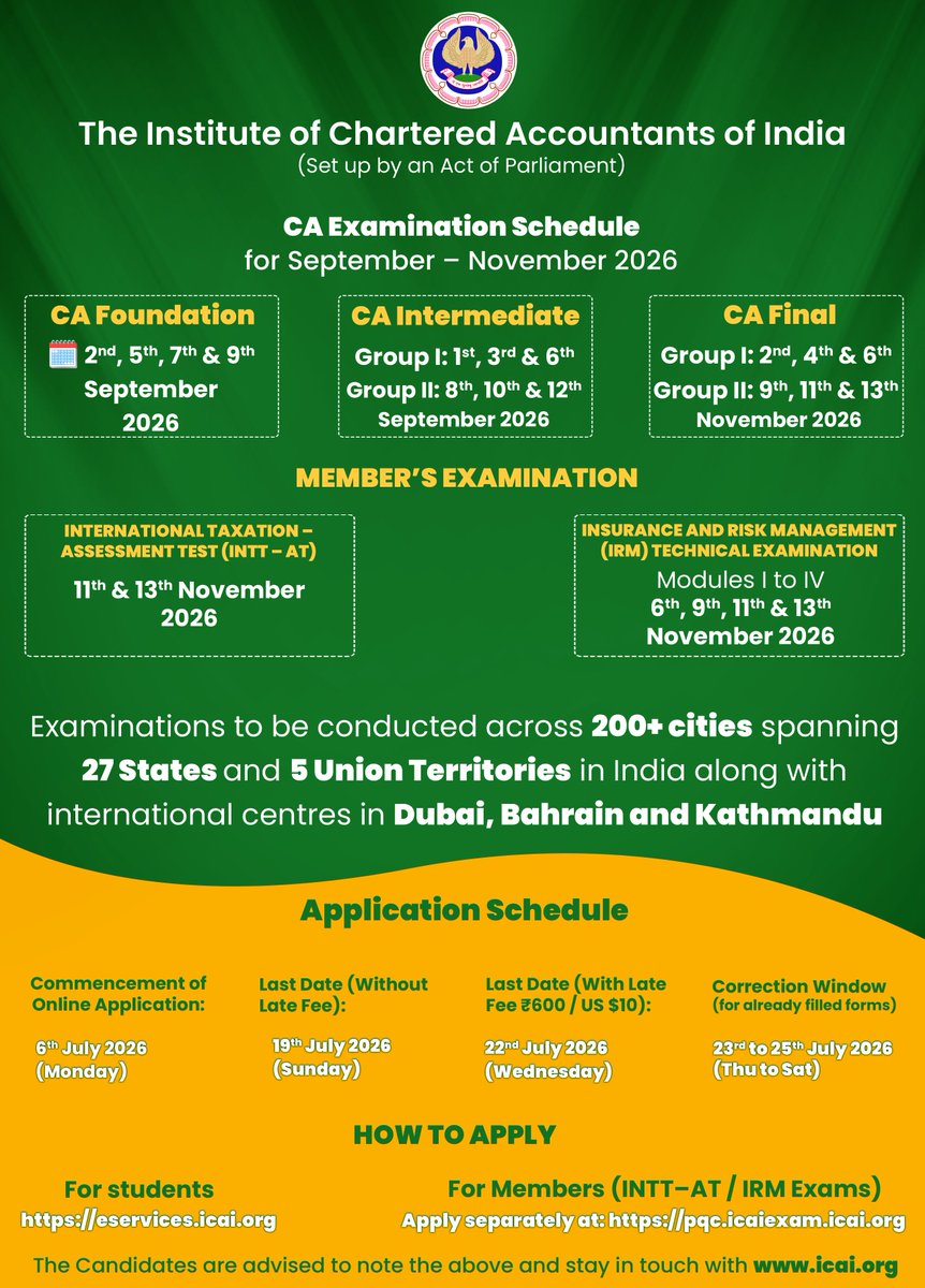 prcoficai's tweet photo. Examination schedule for September–November 2026 released. Your journey demands discipline, consistency and focus - start preparing today! #ICAI #CAExams2026 #CAFoundation #CAIntermediate #CAFinal #ExamAlert #FutureCA #CharteredAccountant #ICAIUpdates #CAStudents #StudyPlan https://t.co/g7ZISW2MeJ