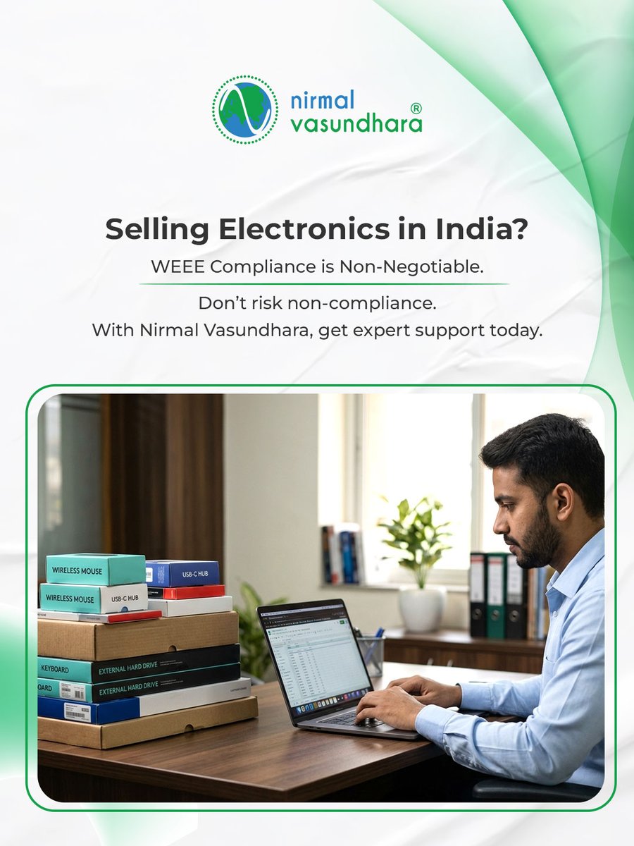 nirvasu's tweet photo. Selling electronics in India?

WEEE compliance is mandatory under E-Waste Management Rules, 2016.

No EPR authorization = No legal sales.

Nirmal Vasundhara handles WEEE compliance end-to-end.

#WEEECompliance #EPRCompliance #NirmalVasundhara https://t.co/kDlZmA1j1w