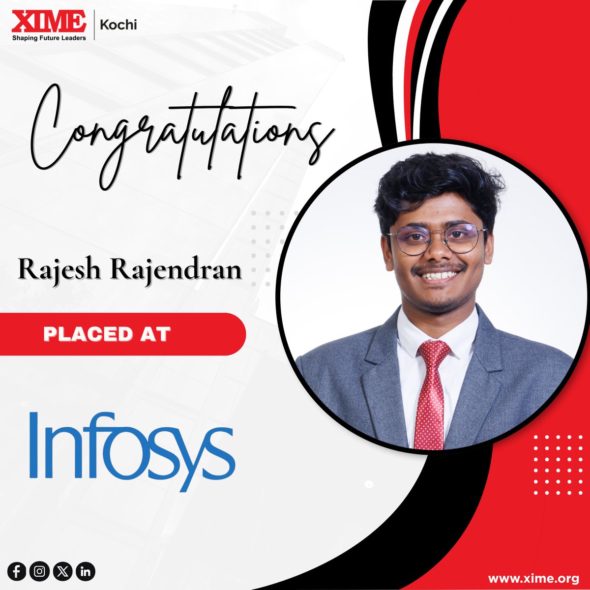XIMEKochi's tweet photo. We are delighted to announce that Rajesh Rajendran from Batch 12 has secured a placement with Infosys
@Infosys
Heartiest congratulations to Rajesh Rajendran on this achievement!  Thanks to our corporate partners for empowering tomorrow’s leaders.
#ximekochi https://t.co/xX6imPvi4U