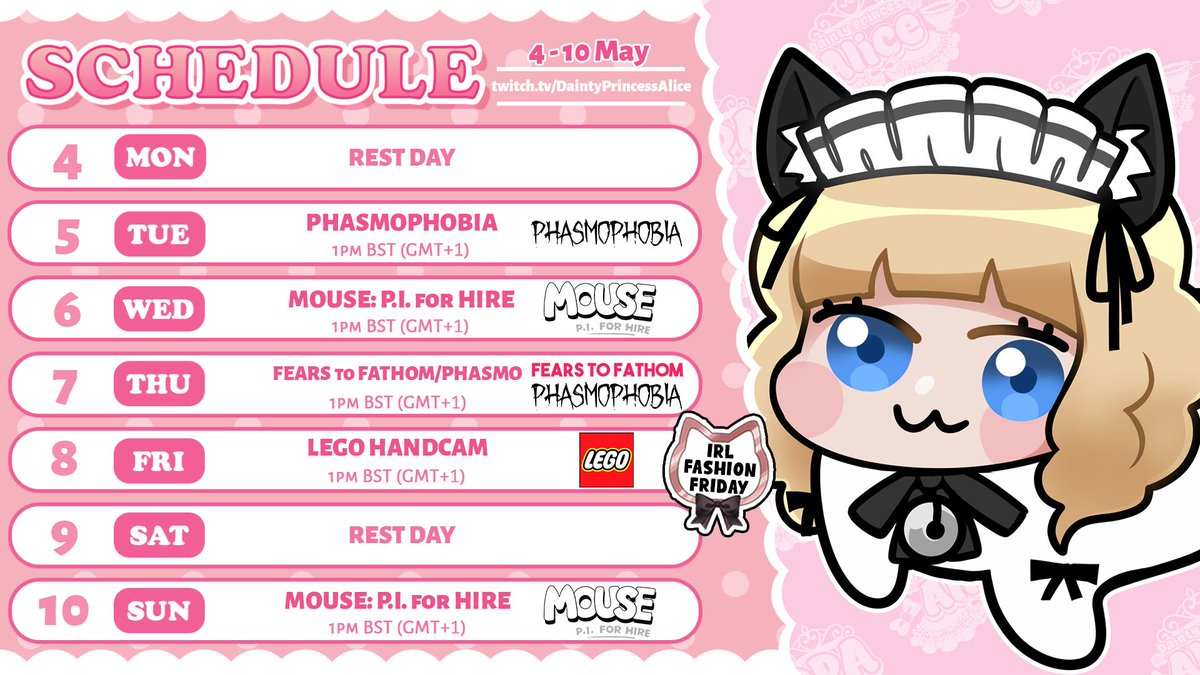 DPrincessAlice's tweet image. The #Phasmophobia character update is finally here!👑Let's check it out together on Tuesday, then blast more crooks in Mouse P.I for Hire, try out Fears to Fathom, AND continue with LEGO!💖
Have a great week everyone, and I'll see you at the tea party soon☕
#VTuber #Cosplayer