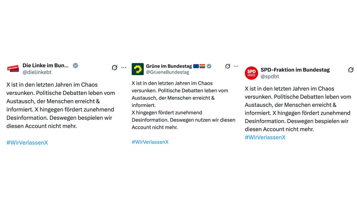 Das ist einer der besten Tage des Jahres 2026, denn die Linksgrünen verlassen endlich die Plattform X, weil sie die Meinungsfreiheit nicht mehr ertragen können.😎

Es sagt vieles über dieses Milieu aus!🫠