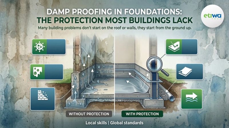 EtiwaTech's tweet photo. Rising damp can quietly damage a building from the foundation up. Proper damp proofing helps prevent moisture damage, mold, and structural deterioration. At Etiwa Tech, we promote sound foundation practices, quality materials, and construction built to last. #Etiwa https://t.co/fqOjEXMNhF