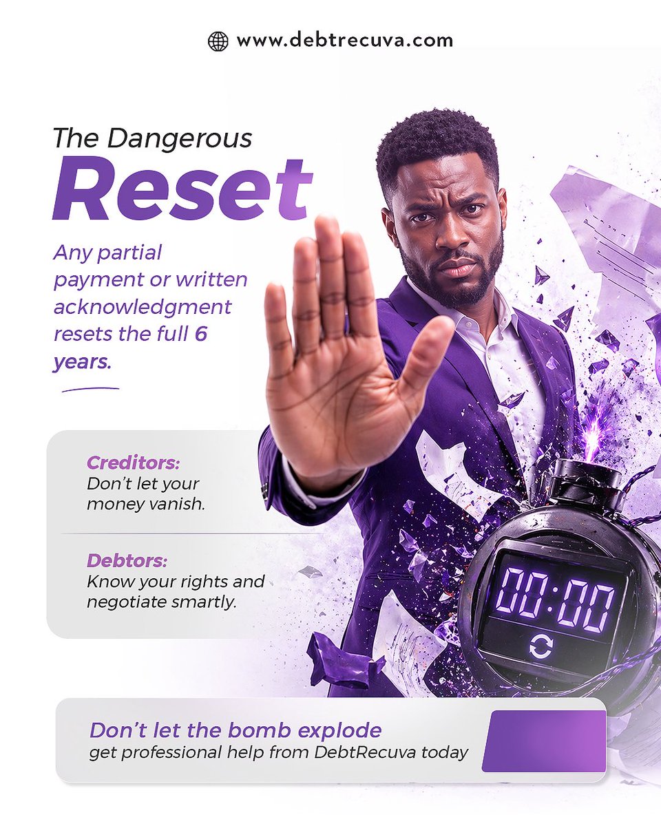 DebtRecuva's tweet photo. Time can make or break a debt.

In Nigeria, many debts become unenforceable after 6 years, but a simple action can reset the clock.

Know where you stand. Act early.
Debtrecuva helps you recover strategically.

#DebtRecuva #DebtRecovery #LegalAwareness #FinancialStrategy https://t.co/YlB3gcJuHz