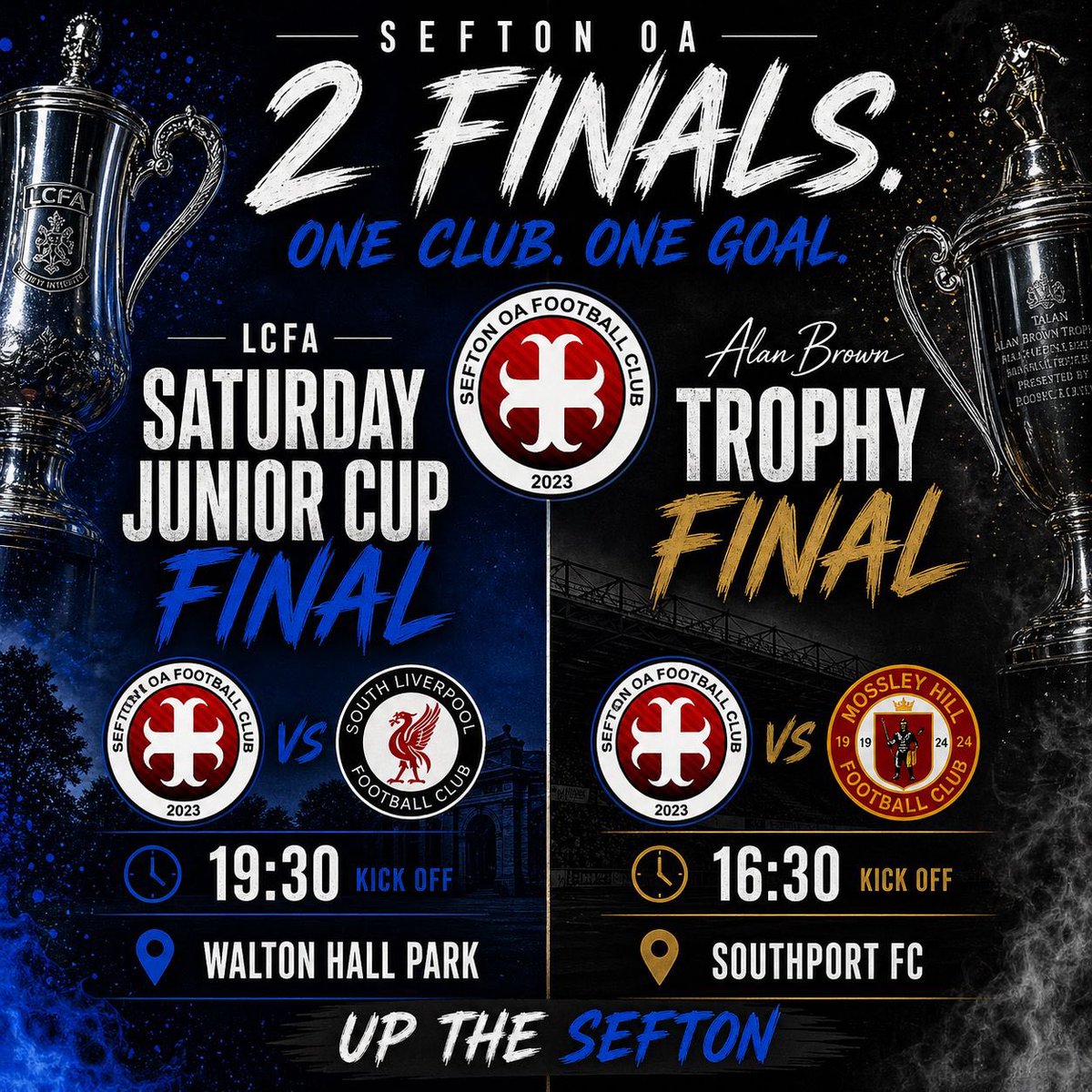 SeftonOA's tweet photo. Cup Final Week 🔥🏆

A huge week ahead with the 2 biggest games in our history.

Tue 5th: LCFA Junior Cup Final vs South Liverpool 3rds at Walton Hall Park.

Sat 9th : Alan Brown Trophy Final at Southport FC vs Mossley Hill.

2 finals. 1 unforgettable week. Get behind the boys! https://t.co/85FpsLCXA2