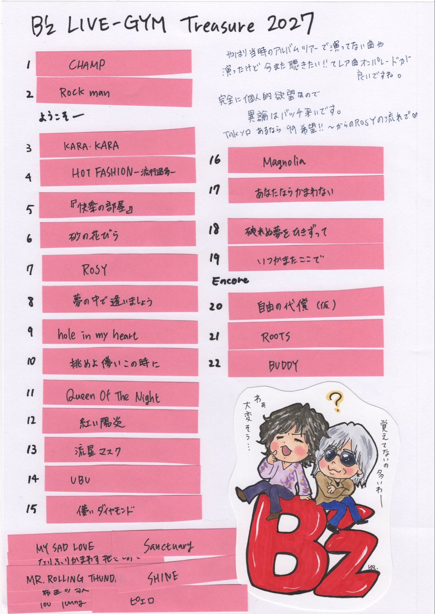 yuEmmatchan6164's tweet photo. 稲葉さん来年ソロ30周年やのにツアーは今年？
てことは来年はB'z？
Pleasureの前の年に？
40周年を前に？

え？まさか来年はB'z PARTY presents…
…B'z LIVE-GYM Treasure…！？←妄想イマココ

Treasureな変態セトリをかなり真剣に考えてて貴重なGW一日丸潰れ😇あーん https://t.co/57jYT7RIvi