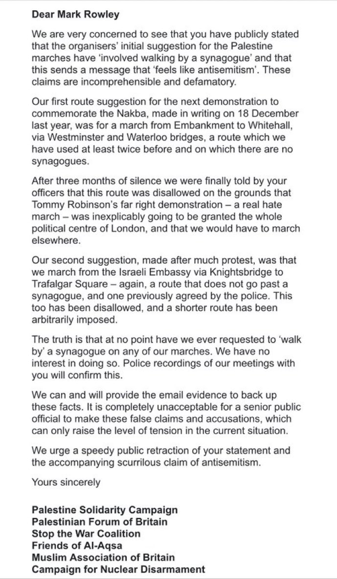The Palestine Coalition has today written to the Metropolitan Police Commissioner Sir Mark Rowley calling on him to retract his scurrilous and defamatory claims that we “set out with an intent to march near synagogues”