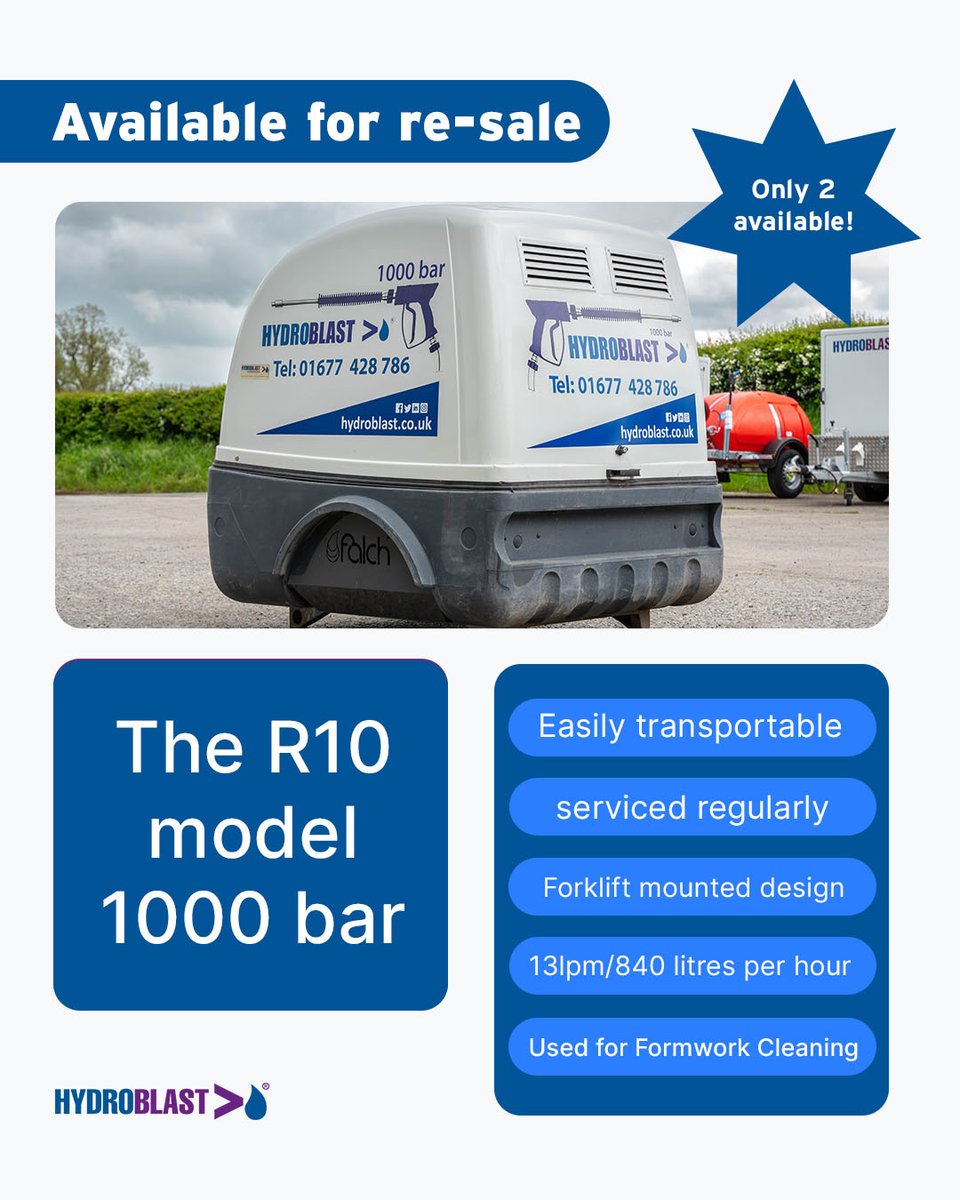 Hydroblastltd's tweet photo. Available for re-sale: R10 Model – 1000 bar, 13lpm

Reliable, compact, and ready to go. These units have been regularly serviced and are ideal for formwork cleaning and a range of site applications. 

Only 2 available! https://t.co/bjWiUaDFRB