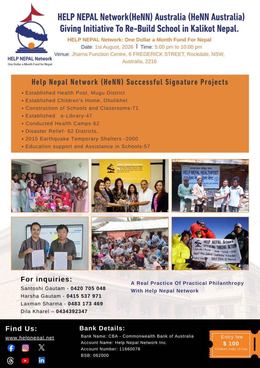 helpnepalnet's tweet photo. Charity Night – Rebuilding School in Kalikot, Nepal 🇳🇵

HELP NEPAL Network Australia warmly invites you to be part of a meaningful initiative to rebuild schools in the remote district of Kalikot, Nepal.

Please join us, support us, and be a part of this noble cause. 🙏 https://t.co/v37KhRIWsy
