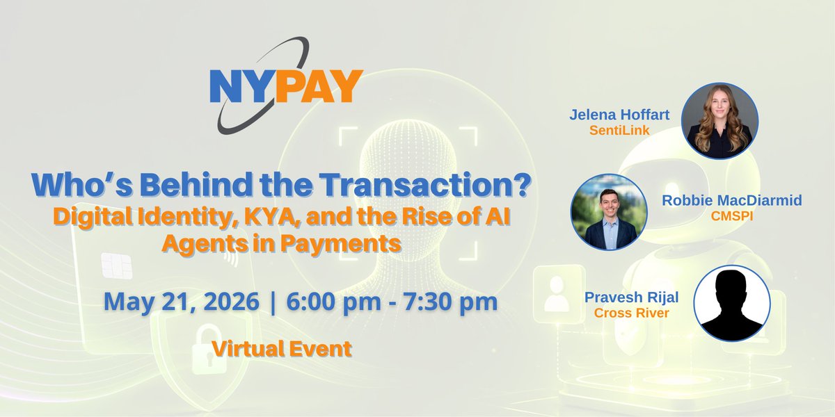 NYPAYGROUP's tweet photo. The Rise of “Know Your Agent” (KYA) Starts Here – May 21

Speaking:
@jelenahoffart, @SentiLink 
Robbie MacDiarmid, CMSPI
Pravesh Rijal, Cross River

https://t.co/ggllA3KYyf

#DigitalIdentity #PaymentsInnovation #FintechEvents #AIinPayments #FutureOfPayments https://t.co/f5lAe804NQ