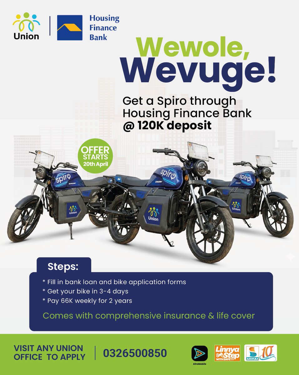 mtntvafromobile's tweet photo. Your journey to financial freedom starts with one smart move.

Own a Spiro bike through Housing Finance Bank with a UGX 120K deposit and flexible weekly payments. 

Plus, enjoy comprehensive insurance and life cover. @UnionAppUg 

#Zuukuka #UnionNSSFSmartLife #UnionLetsGo https://t.co/kAQzRpAUvs