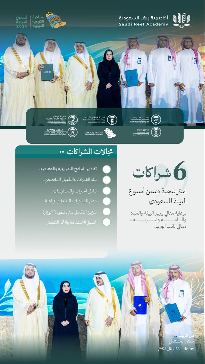 SA_ReefAcademy's tweet photo. بالتزامن مع #أسبوع_البيئة_السعودي ٢٠٢٦ م وتحت شعار #أثرك_أخضر، وقّعت أكاديمية ريف السعودية ست شراكات استراتيجية مع جهات وطنية في منظومة البيئة، برعاية معالي نائب وزير البيئة والمياه والزراعة؛ لتعزيز الاستدامة وبناء القدرات وتحويل المعرفة إلى أثر تنموي مستدام.

#أكاديمية_ريف_السعودي