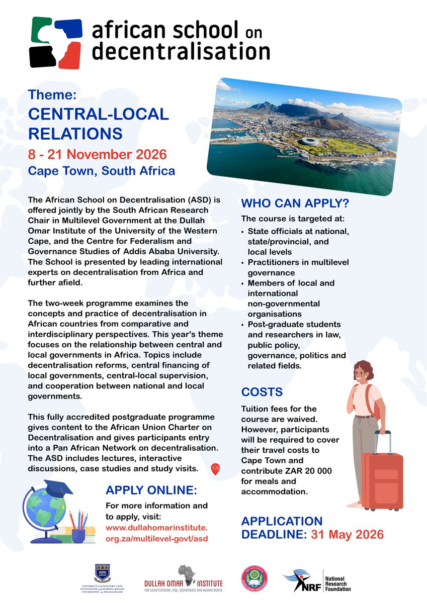 UWC_DOI's tweet photo. 🚨 Applications are now open for the 6th African School on Decentralisation #ASD_2026 @AfricanSchool_D

This year’s theme explores how the relationship between central &amp; local govt shapes decentralisation in Africa. 

🔗 https://t.co/FtwVprYaJr https://t.co/ylvHTR2wEO