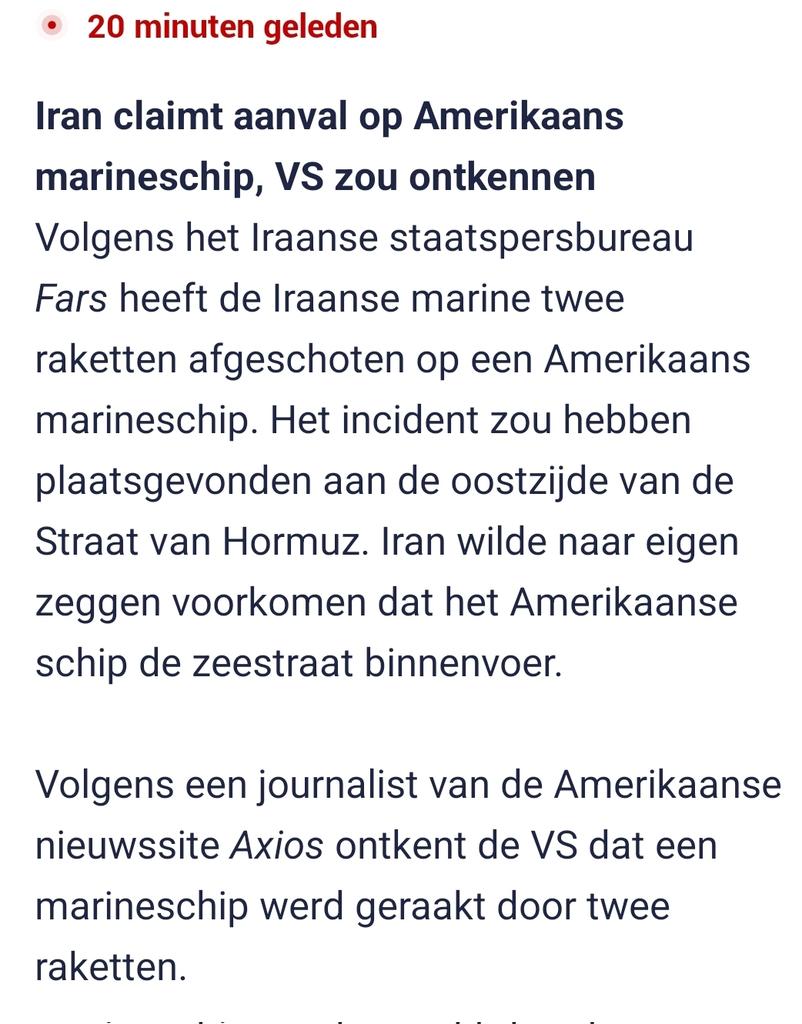 De Iraanse Marine, u weet wel, die marine die is vernietigd van het land dat binnen een uur de oorlog al verloor, heeft een Amerikaans schip geraakt met raketten, die volgens Trump allemaal al waren vernietigd in de straat van Hormuz, u weet wel, dat stuk zee dat volgens Trump