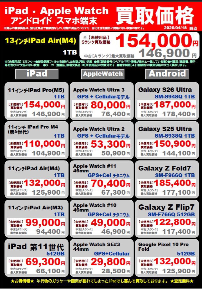 otasou_handa's tweet image. ✨【価格情報】✨
iPhoneやApple Watch、ipad、アンドロイド端末等の
買取価格の最新バージョンです！
最新版が気になる方はぜひご覧下さい！📱

スマートフォンやipadの買取ならぜひ当店まで🚶
#買取情報 #iPhone #ipad #価格情報 #お宝創庫