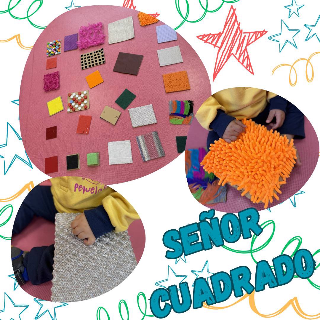 Los más peques han conocido al señor Cuadrado🟥 un hombre muy cuadriculado, como una mesa o un candado🔒. 
Han experimentado y disfrutado de diferentes texturas en cada cuadrado que se han encontrado por el aula.