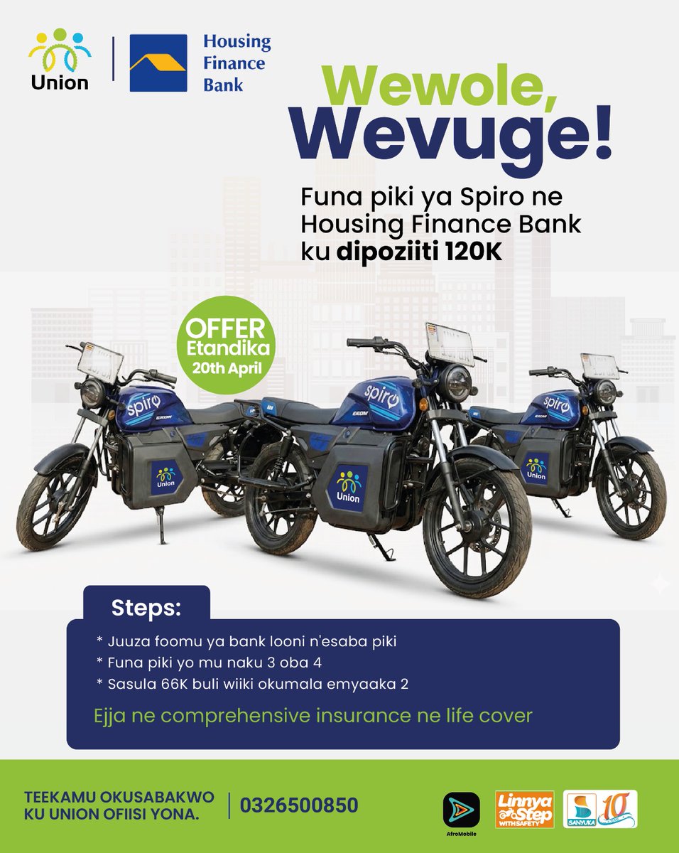 sanyukatv's tweet photo. Your journey to financial freedom starts with one smart move.

Own a Spiro bike through Housing Finance Bank with a UGX 120K deposit and flexible weekly payments. Plus, enjoy comprehensive insurance and life cover. @UnionAppUg 

#Zuukuka #UnionNSSFSmartLife #UnionLetsGo https://t.co/oHOoEDZCzL