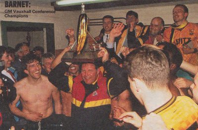 Downhill2ndHalf's tweet photo. ON THIS DAY - 1991

Today is the 35th anniversary of Barnet’s first Conference title win. We secured our long-sought after Football League place with a final day 2-4 win at Fisher Athletic. Gary Bull scoring arguably the most iconic Barnet goal of all time to clinch promotion. https://t.co/CPhAHZKDcI