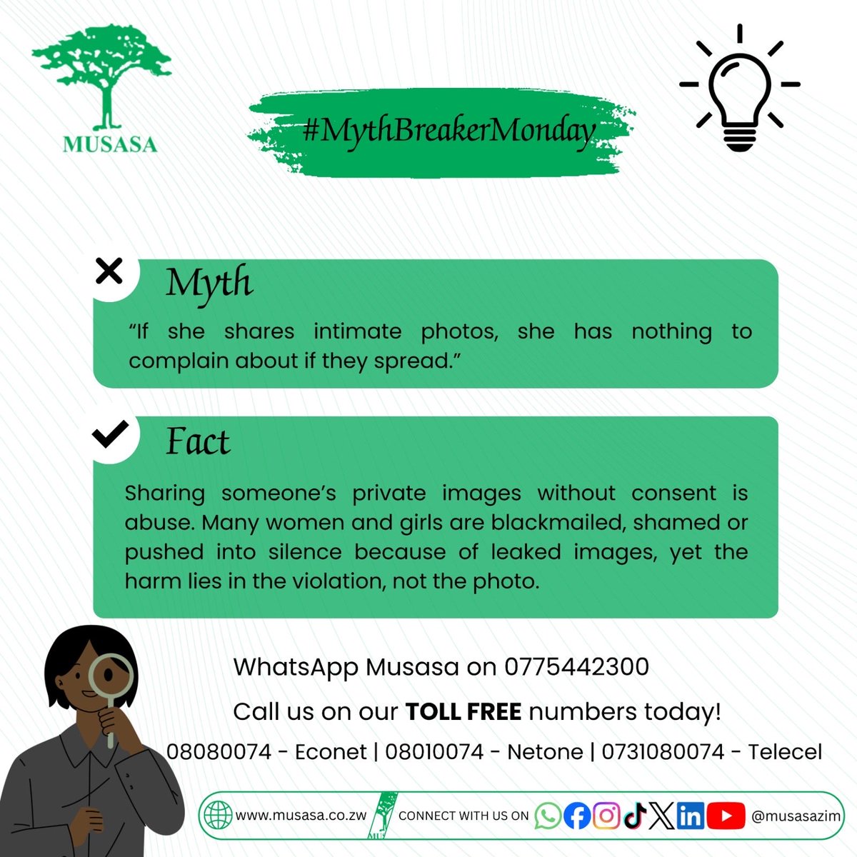 MUSASAZIM's tweet photo. Before you forward that image, know this: sharing someone’s private content without consent is a criminal offence in Zimbabwe and can attract up to 5 years in prison. Do not be part of the abuse. Delete it, report it and protect someone’s dignity.
#MythBreakerMonday #EndGBV https://t.co/4zVorrxoU0