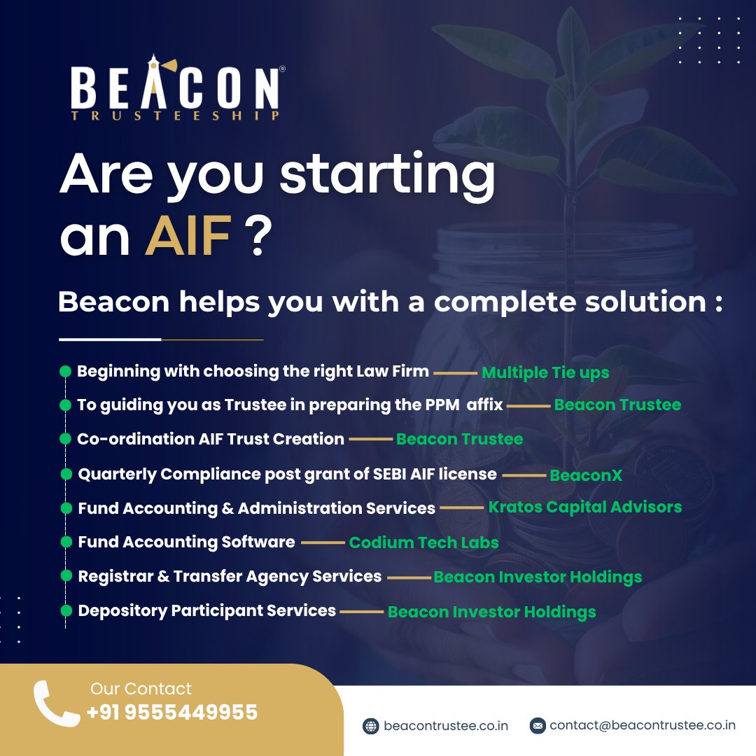 beacontrustee's tweet photo. Planning to launch an AIF? 🚀 

Let Beacon handle it end-to-end.From legal setup and trust creation to SEBI coordination, compliance, and fund administration we’ve got it covered.Start your AIF journey with confidence. 🌟

📞 9555449955 | 📧 contact@beacontrustee.co.in#AIF https://t.co/p4nnEI77bx