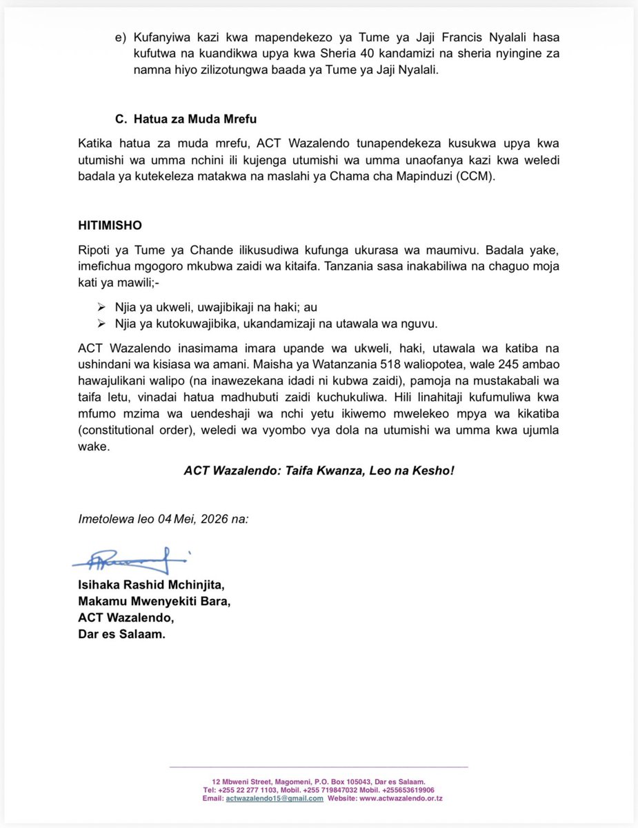 zittokabwe's tweet photo. Msimamo rasmi wa @ACTwazalendo kuhusu Ripoti ya Jaji Chande kuhusu mauaji ya Oktoba 2025. Ni MAJONZI makubwa kwa Taifa na lazima hatua za uwajibikaji zichukuliwe haraka https://t.co/FzgNVsQi7H