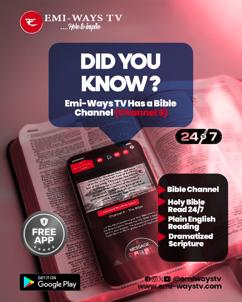 emiwaystv's tweet image. Did you know @EmiWaysTV has a #BibleChannel? Yes! You can listen
to the Holy Bible on #Emi-WaysTV #Channel 6 – Bible Channel
where the #HolyBible is read #24/7 in plain #English.

Download the #FREE #EmiWaysTV #MobileApp today and stay
connected to God’s #Word anytime.