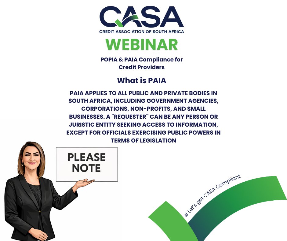 CasaCreditHome's tweet photo. Do you know who can request information from your organisation — and what your responsibilities are?

Join our CASA POPIA &amp; PAIA Webinar and get the clarity you need to stay compliant and prepared.

#LetsGetCASACompliant #PAIA #POPIA https://t.co/1dLG60c5fI