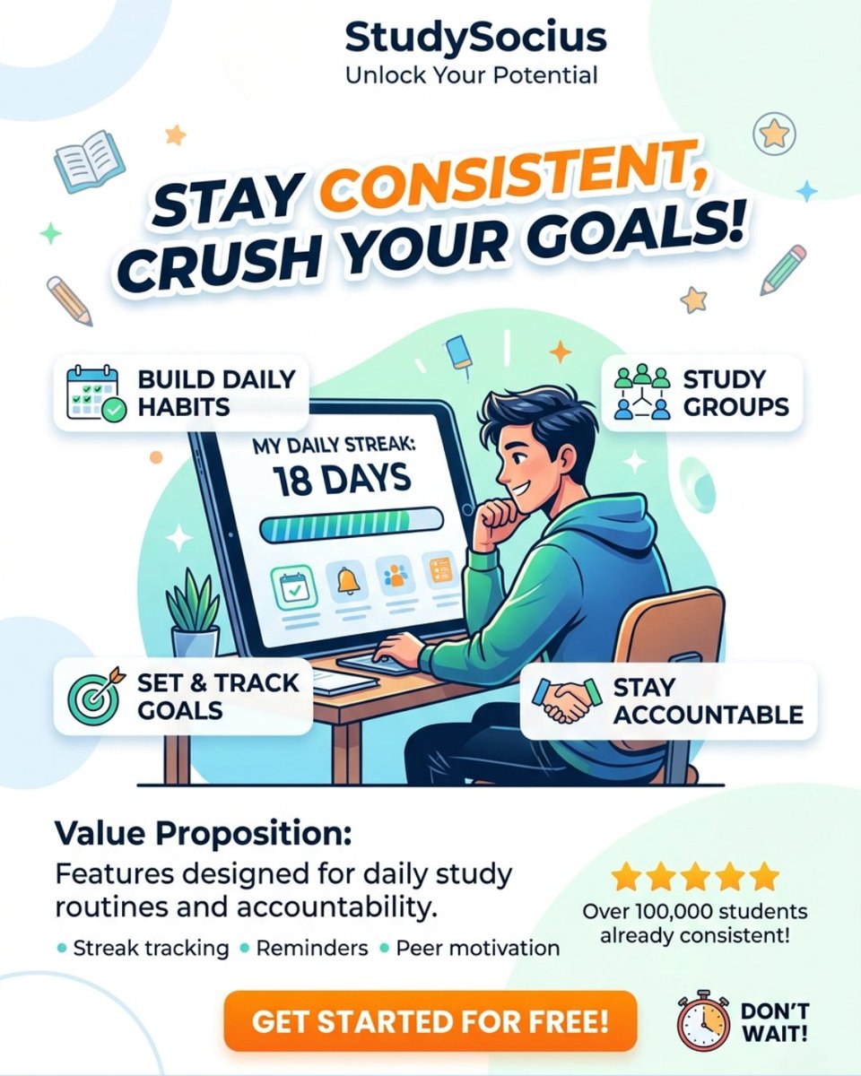 studysocius's tweet photo. Small daily habits lead to massive results. 🛠️📖

StudySocius helps you stay consistent and crush your goals with streak tracking, reminders, and peer accountability. Join 100,000+ students already mastering their schedules! 🌟 https://t.co/8FiZROFwFw