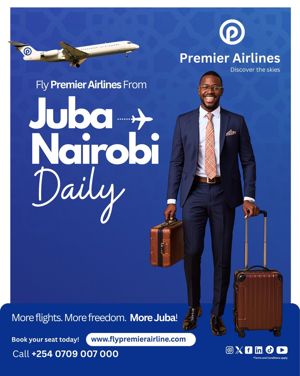 akasu5598's tweet photo. Fly daily from juba to Nairobi with reliability you can trust.
On-time, safe and customer focused.
Your journey just got easier with @flypremierug 
Book today https://t.co/9jGXYAGg8b 
#FlyPremier
#FlySmart
#JubaToNairobi https://t.co/ln0DB5eCP7