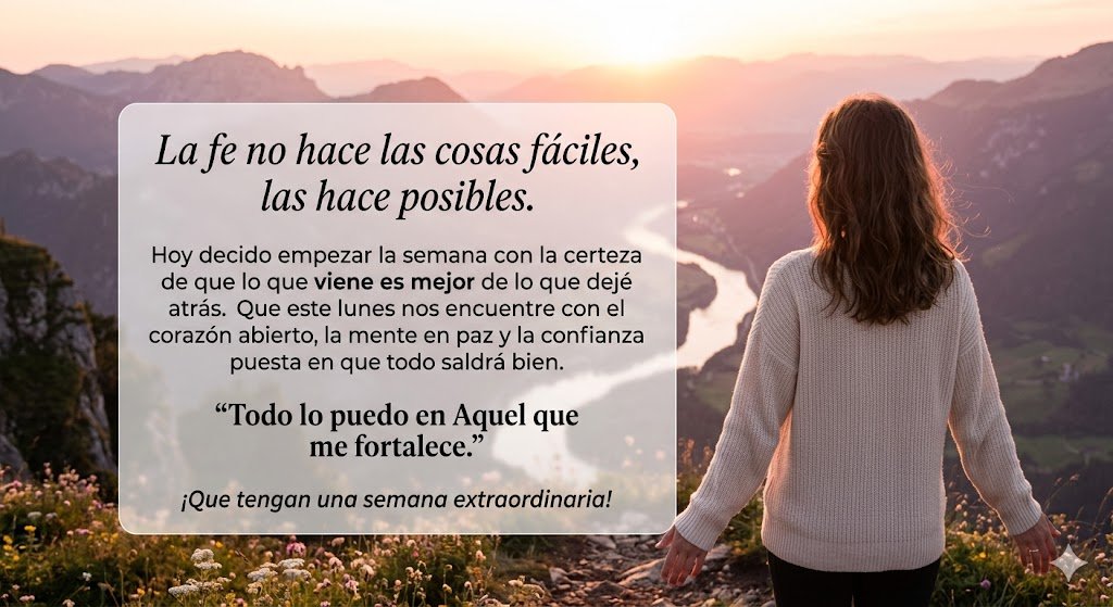 La fe no hace las cosas fáciles, las hace posibles.
Hoy decido empezar la semana con la certeza de que lo que viene es mejor de lo que dejé atrás. Que este lunes nos encuentre con el corazón abierto, la mente en paz y la confianza puesta en que todo saldrá bien.