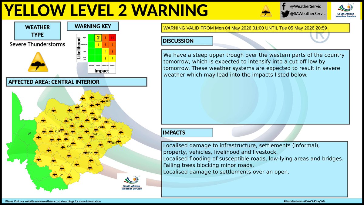 SAWeatherServic's tweet photo. Yellow level 2 warning for severe thunderstorms
Area: Free State, North West and eastern parts of Northern Cape.
Validity: 04-05 May 2026
#saws #Warning #freestateprovince #northwest https://t.co/zcFjYw6ZYv