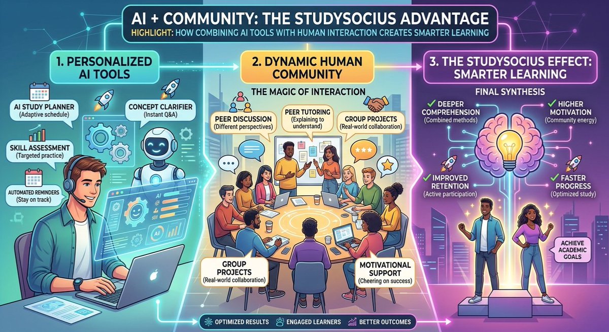 studysocius's tweet photo. StudySocius combines AI-driven personalized tools with a dynamic community to foster "The StudySocius Effect." By merging instant AI feedback with diverse peer perspectives, students achieve higher motivation and faster progress. 🧠✨ https://t.co/ZB8mT1hCBV