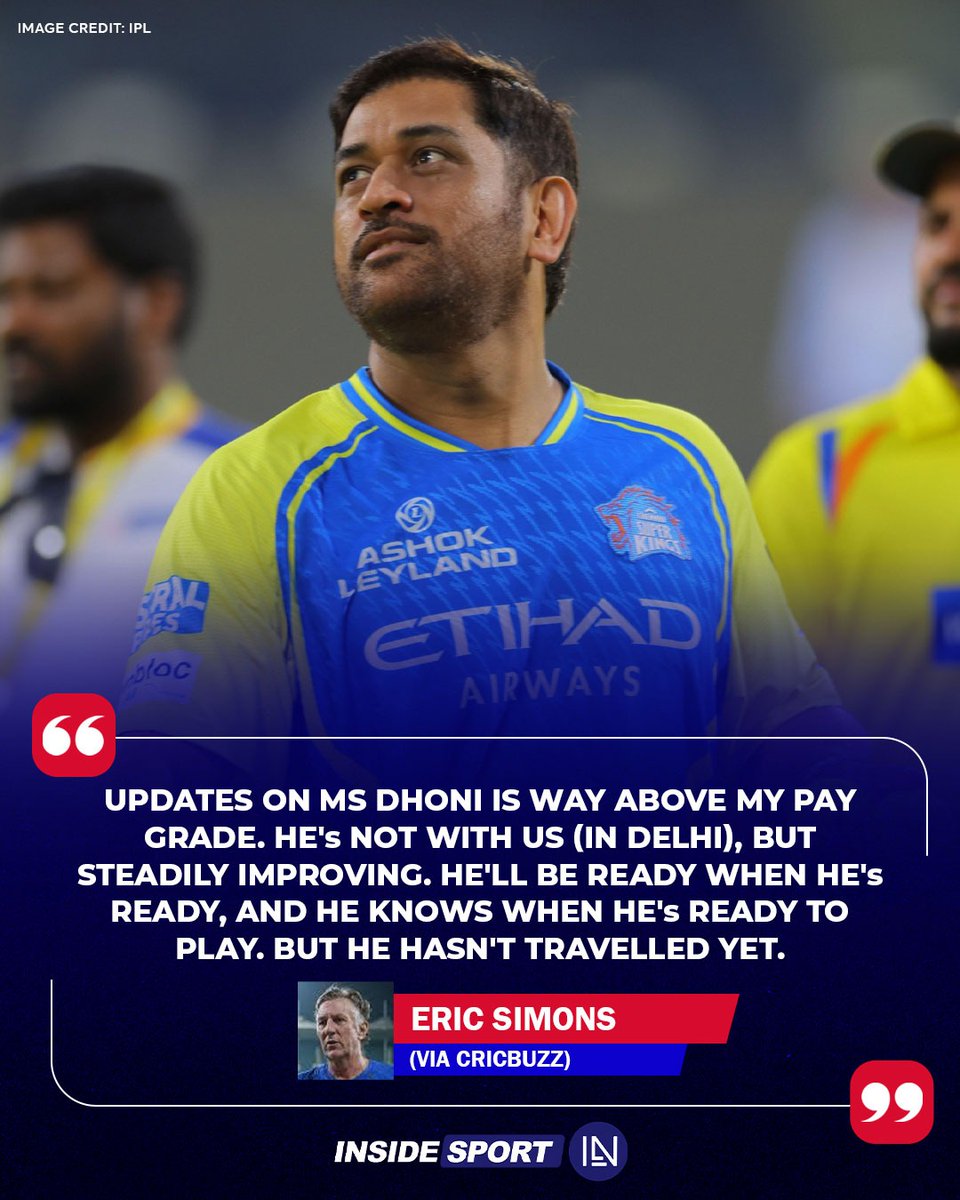 InsideSportIND's tweet image. CSK's bowling coach Eric Simons hints at steady recovery, return depends on Dhoni himself

#EricSimons #MSDhoni #CSK #IPL2026 #CricketTwitter