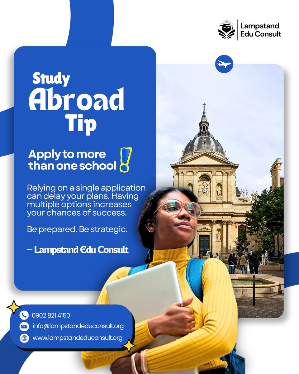 lampstandedu's tweet image. Dreaming of studying abroad? Don’t limit yourself apply to more than one school and open more doors to your future. #Studyabroad #japa #internationalstudents #trendingtoday