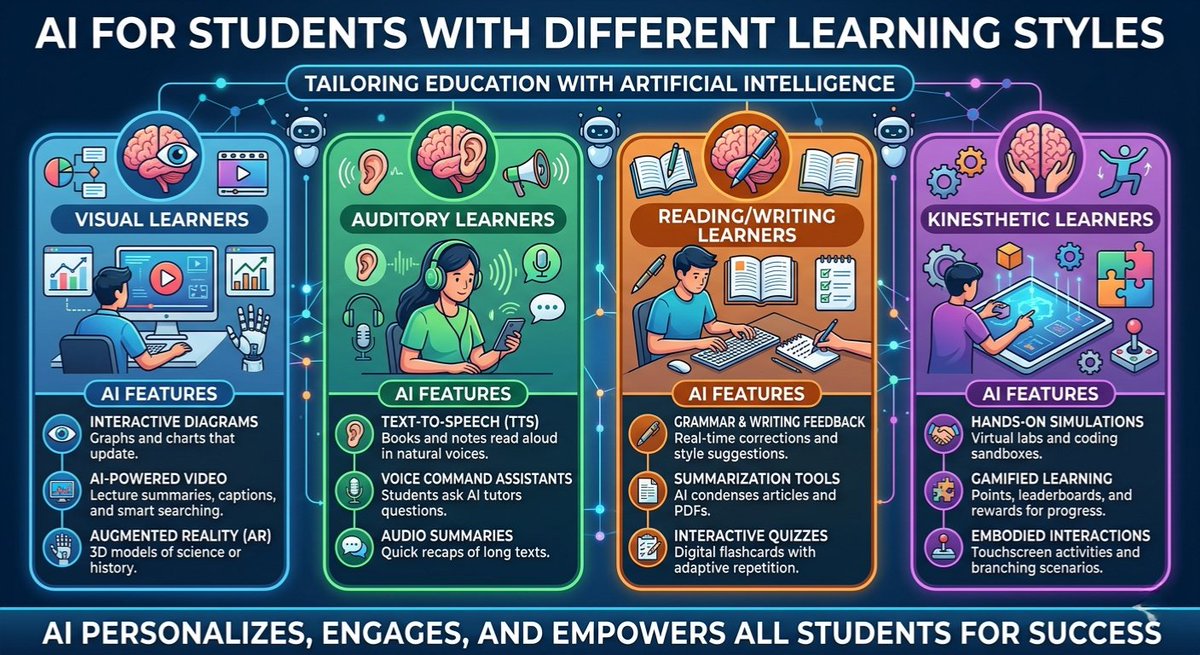studysocius's tweet photo. Education isn’t one-size-fits-all. Meet students where they are by using AI to tailor learning for different styles.
✅ Visual: AR &amp; Interactive Diagrams
✅ Auditory: TTS &amp; Voice Assistants
✅ Read/Write: Summarization &amp; Flashcards
✅ Kinesthetic: Simulations &amp; Gaming https://t.co/CYbupHIls5