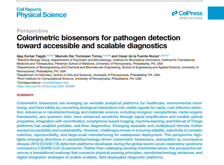 delafuentelab's tweet photo. New paper out in @CellRepPhysSci. @CellPressNews

We explore how nanobiotechnology-driven colorimetric biosensors could help make diagnostics faster, more affordable, and more readily deployable in real-world settings.

From COVID-19 detection to wearable, multiplexed, and smartphone-enabled platforms, the article outlines a roadmap toward scalable biosensors for healthcare, environmental monitoring, and food safety.

Grateful to the team! @Penn, @PennBioeng, @PennEngineers, @PennMedicine, @CBE_Penn, @PennChemistry, @PennMicro, @PennPsych, and @PennSAS.

Paper: https://t.co/6RNEy95Y8l