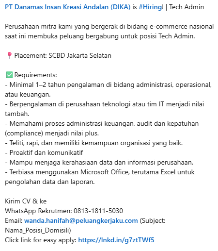 jaemanyeah's tweet photo. #HiringNow Tech Admin 
Haloo guys! Kantorku lagi open hiring untuk posisi Tech Admin yaa. 
Placement: SCBD Jakarta Selatan 
(P.s Detail pekerjaan terlampir)

Click link for easy apply: https://t.co/R5pwm9KlKd

feel free untuk tanya2 yaa. Ketok dm aku atau bisa lgsg reply ajaa https://t.co/qKng2kj5IV
