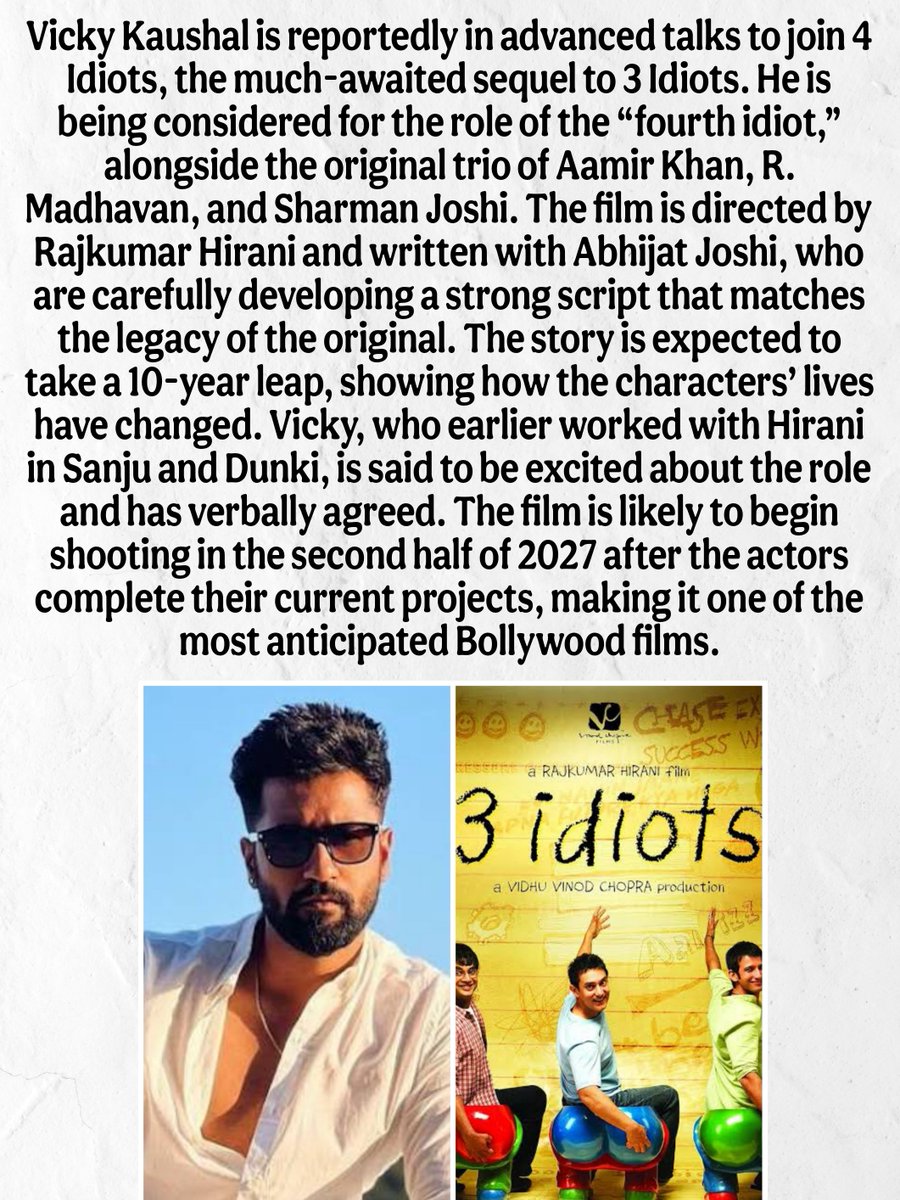 #VickyKaushal in Talks to Join #AamirKhan, #RMadhavan and #SharmanJoshi in #RajkumarHirani’s #3Idiots Sequel #4Idiots.
Full Report.