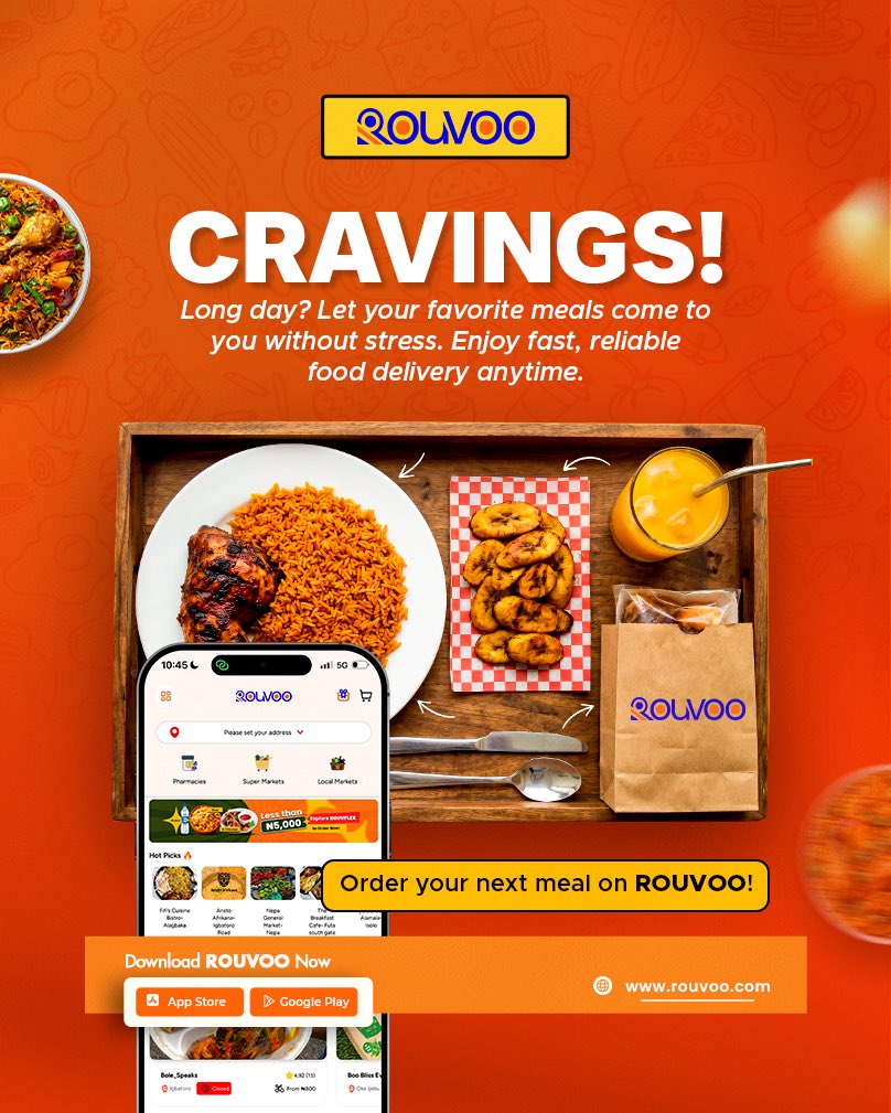 Rouvoo_ng's tweet image. Are you craving for a meal right now? No need to step out, get your favorite meals delivered quickly and stress free

Simply download the app, place your order, and enjoy fresh, delicious food wherever you are.

#EasyOrder #FoodDelivery #Akure #FastDelivery #RouvooApp