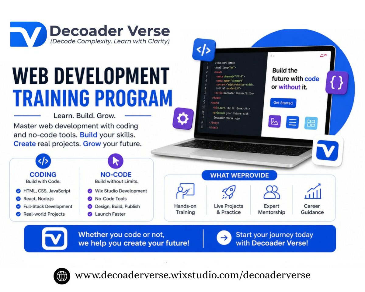 Decoder_Verse's tweet photo. 🚀 Build your future with Decoader Verse!
Learn Web Development with coding (HTML, CSS, JS, Full-Stack) &amp; no-code tools like @WixStudio . Gain hands-on training, real projects &amp; expert mentorship.

💻 Learn. Build. Grow.
#WebDevelopment #Coding #NoCode https://t.co/ahLp7E9XvG