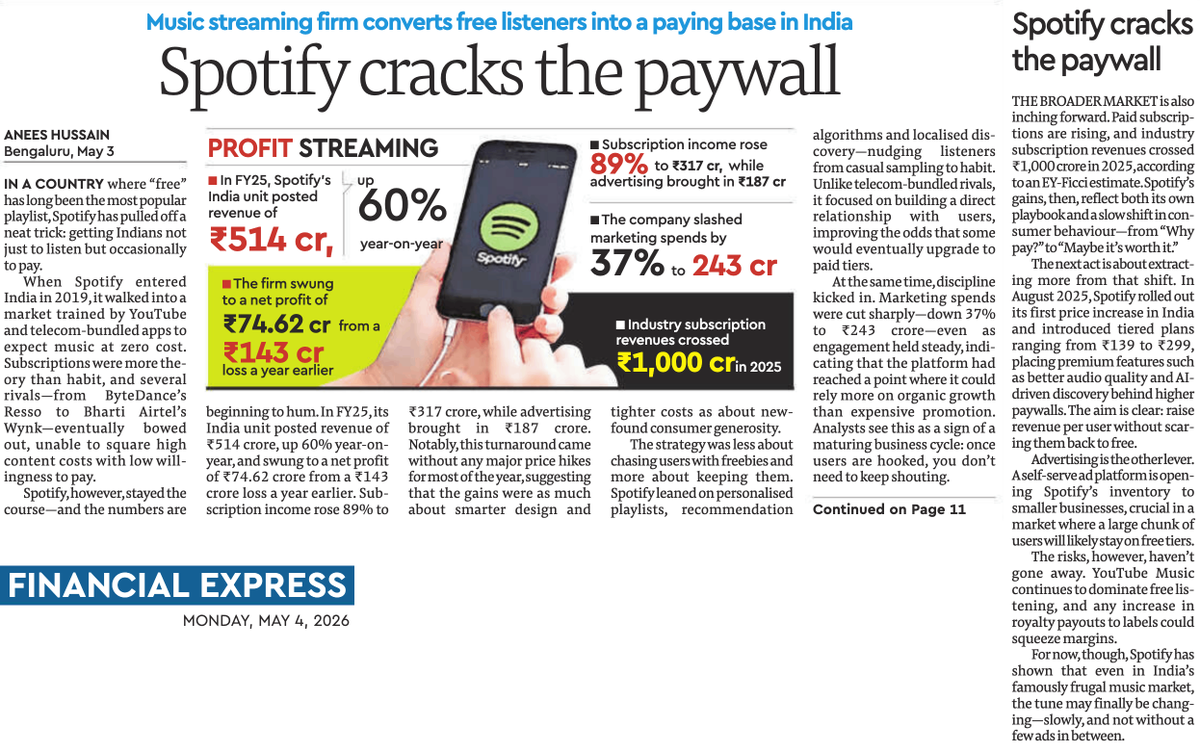 beastoftraal's tweet photo. 2022 was my personal inflection point with regard to Spotify! In my long drives from Bengaluru to Coimbatore, my go-to music is Ilayaraja's songs across Tamil, Telugu, Malayalam and Kannada films. I had painstakingly collected mp3s over the years of so many songs and I used to play them off a USB drive in my car. But in 2022, I created a mega playlist of Ilayaraja music on Spotify and it played flawlessly on the highway, even in stretches with spotty connectivity (the offline feature works well). 

So, this is really not a surprise, but it is still a remarkable achievement in India by Spotify because of how India is perceived when it comes to pricing software products - 'free' is assumed to be default, if not 'low price'. 

It also helped that there are no credible competitors left. Airtel's Wynk, Bytedance's Resso, and Hungama Music have shut down. Apple Music and Amazon Music do not compete as standalone music streaming businesses - they are both ecosystem plays within Amazon Prime and Apple. Gaana is a tragicomic story - it raised over $200 million in its lifetime, and was last valued at around $580 million, but was acquired by Radio Mirchi’s parent for a paltry Rs 25 lakhs in 2024! 

Still, this means Spotify had to really work hard to convert free users into paying subscribers by making paying for music a habit. While I do not use Spotify's personalized playlists (the reason why I make my own new music playlists on Milliblog), I can see how much they helped in creating a sticky habit among listeners. For comparison, YouTube Music excels at catalog scale and remixes but trails in playlist curation and social/habit-forming features and here, Spotify has done really well. 

So, it's a combination of global resources, hyper-local personalization, and disciplined execution that led Spotify crack the paywall in India where others largely didn’t. Spotify played a long game in a market trained to expect everything for free. Competitors either surrendered to that expectation, relied on ecosystem lock-in, or failed to build personalization depth.

PS: That Ilayaraja mega playlist I was referring to in my post above - it has 256 songs and is called 'Travel Raja' :) In case you are interested: https://t.co/HA9zs2c5mH 

#streaming #music #subscription