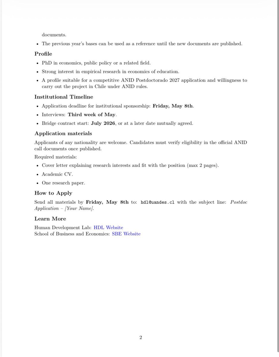 hdl_uandes's tweet image. 🚨 Sponsorship ANID Postdoc 2027

Postdoc in Economics of Education at Universidad de los Andes (Santiago, Chile). Sponsorship + guidance + bridge contract (from July 2026).

📆 May 8
📧 hdl@uandes.cl

#EconTwitter #Postdoc #ANID #Chile #Academia