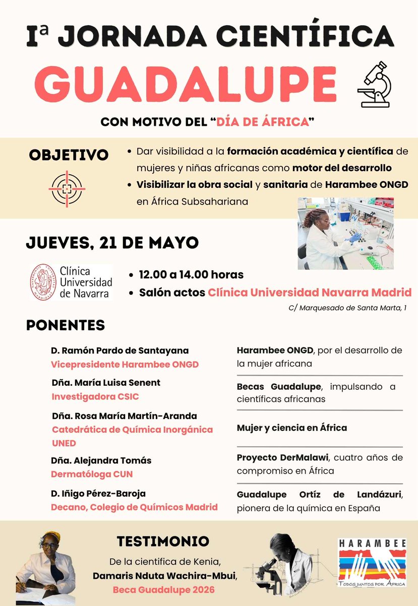 HarambeeONGD's tweet photo. Con motivo del “Día Mundial de África”, @HarambeeONGD con la @ClinicaNavarra organiza la "Primera Jornada Científica Guadalupe: Mujer y Ciencia en África" el jueves 21 de mayo en el salón de actos de la @ClinicaNavarra  
📍Inscripción https://t.co/J7GHvMLMTp https://t.co/833NIvK5XY