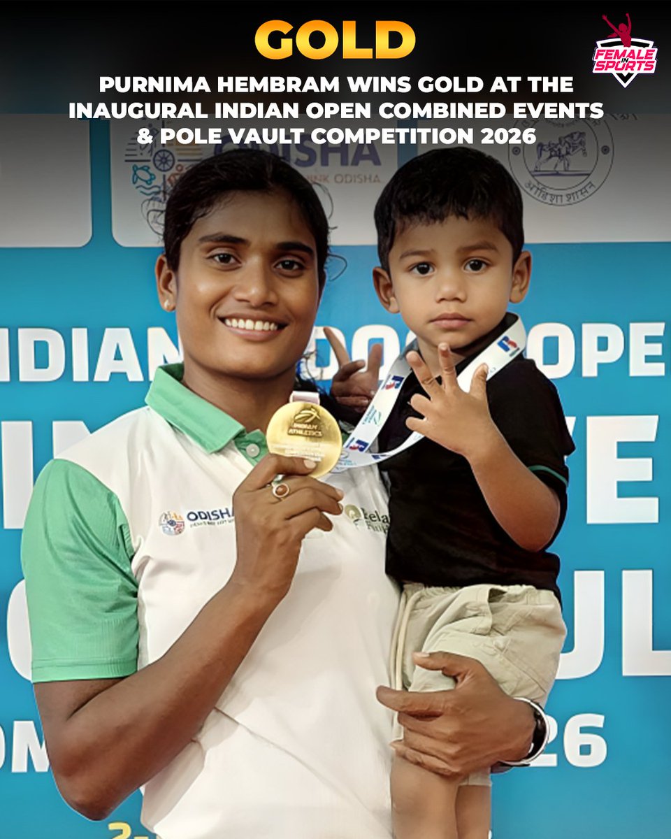femalesports_in's tweet image. Purnima Hembram shines at the inaugural Indian Open Combined Events &amp;amp; Pole Vault Competition 2026, clinching gold in style 🇮🇳🔥

#IndianAthletics #indiansports #sportsnews #femaleinsports