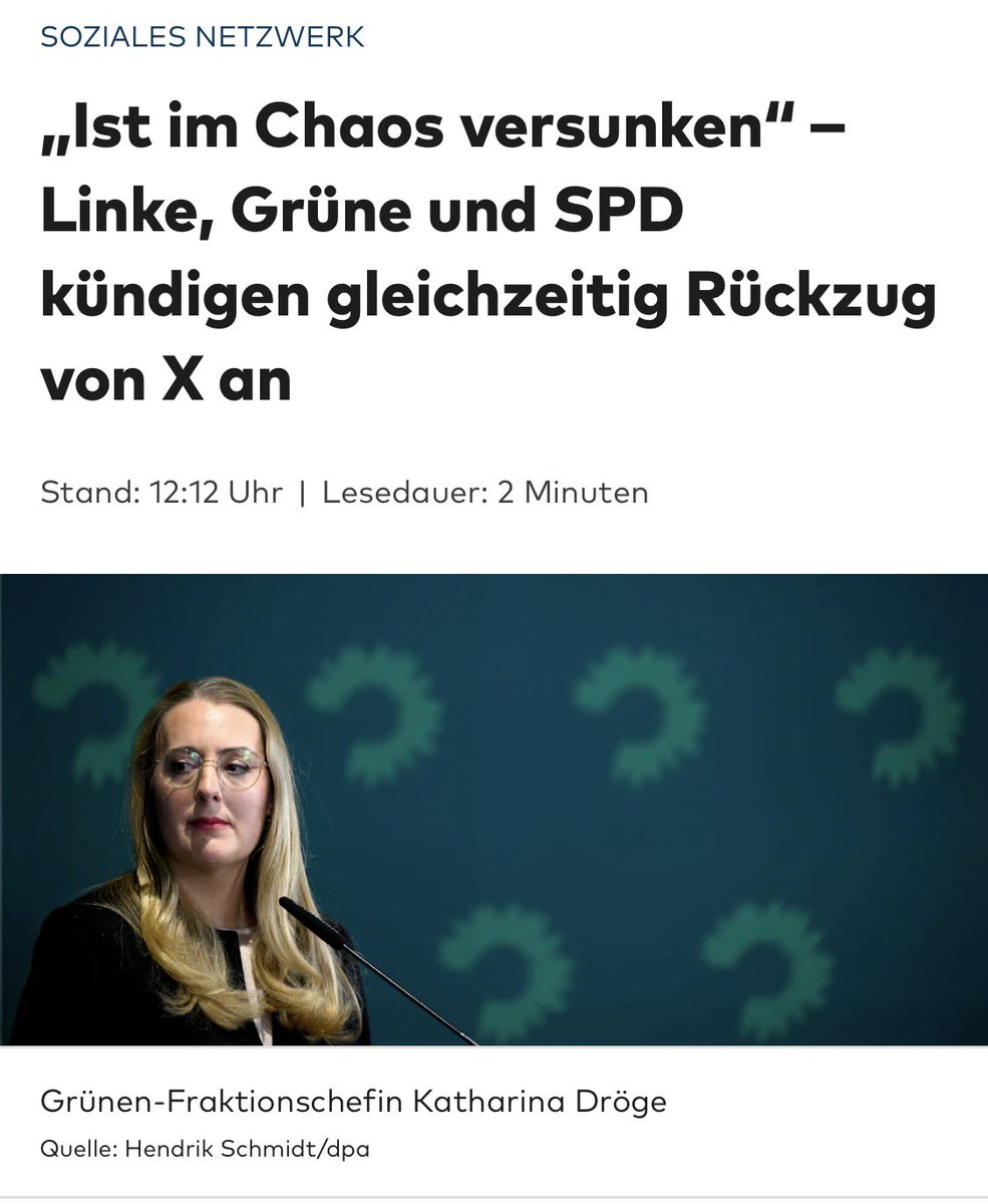 Die deutsche Möchtegern-Regierungskoalition aus <a href="/spdde/">SPD Parteivorstand 🇪🇺</a>, <a href="/GrueneBundestag/">Grüne im Bundestag 🇪🇺🏳️‍🌈</a> &amp; <a href="/dieLinke/">Die Linke</a> findet, Widerspruch sei Chaos.
Am 9. Mai startet die 🇪🇺 X-Konkurrenz W Social, getragen von einer Firma aus der Klimabewegungsszene. Prognose: Da werden sie hingehen &amp; für ein X-Verbot plädieren.